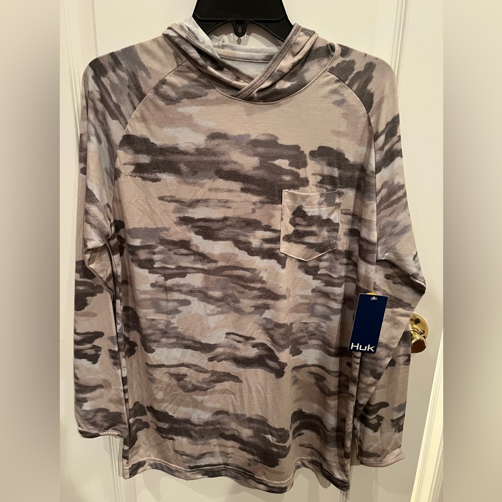HUK Hoodie Mens S Beige Tan Camo Waypoint Edisto Performance Fishing UPF 50 NWT